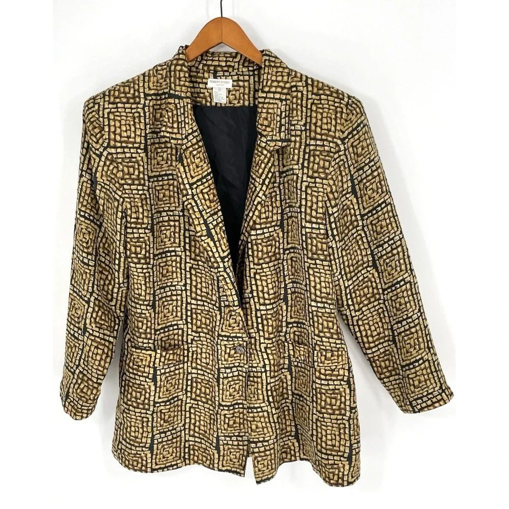 Robert Stock Limited Medium Womens‎ 100% Silk One Button Blazer Geometric Print